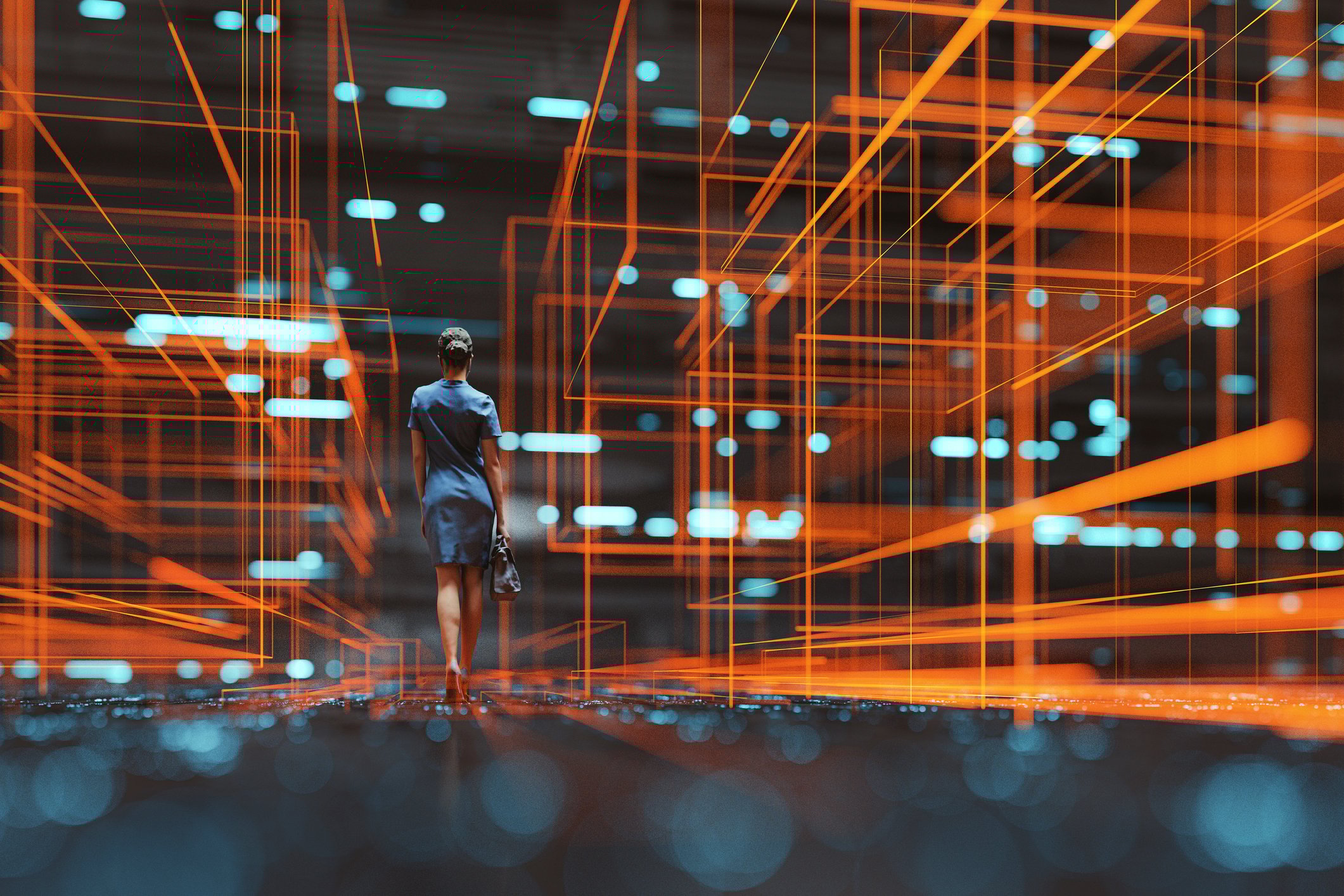 Person walking through a rendering of a 3D virtual reality, which shows outlines of potential structures.