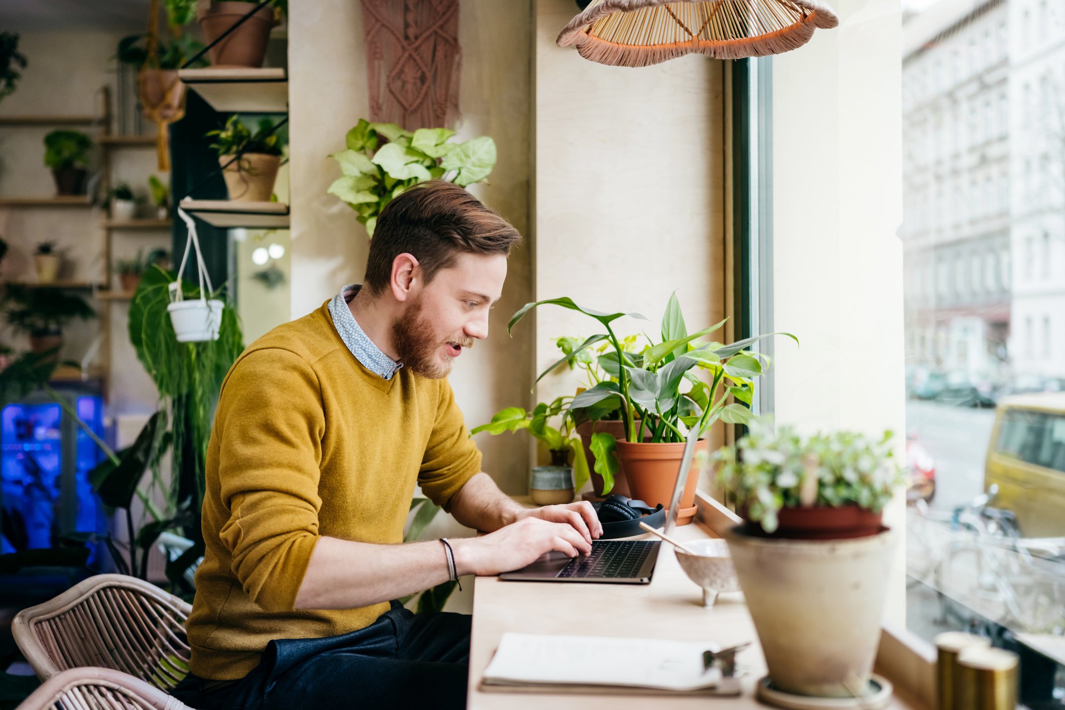 Using a laptop on a desk.