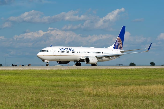 A United Airlines jet on the ground.