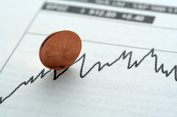 Penny standing on its edge on a piece of paper with a stock chart going up.