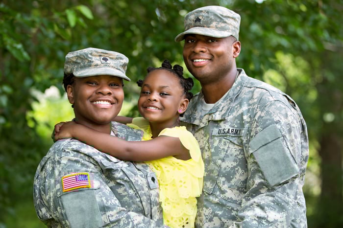 A couple, both in military uniforms, are smiling with their child.