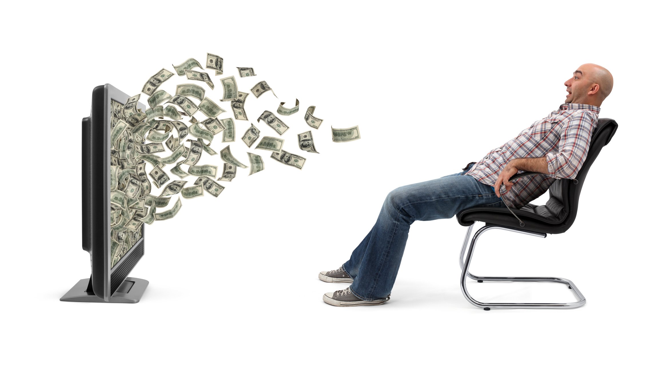 Person sitting in chair watching a TV that is spitting out cash.