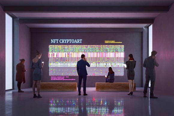 People looking at an NFT image. 