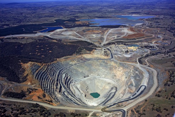 Aerial view of open pit mine. 