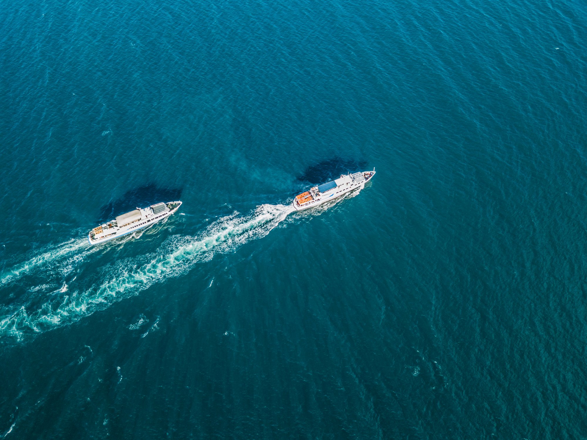 Two cruise ships move in the water with one in the lead.
