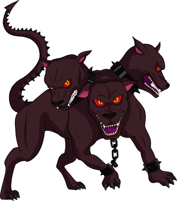 An animated cell of Cerberus, a 3-headed attack dog
