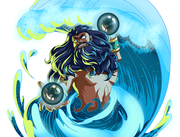 Cartoon of a man monster riding a sea wave