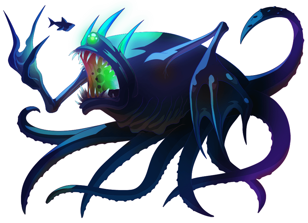 A giant sea monster with eight legs and two arms is about to devour a shark