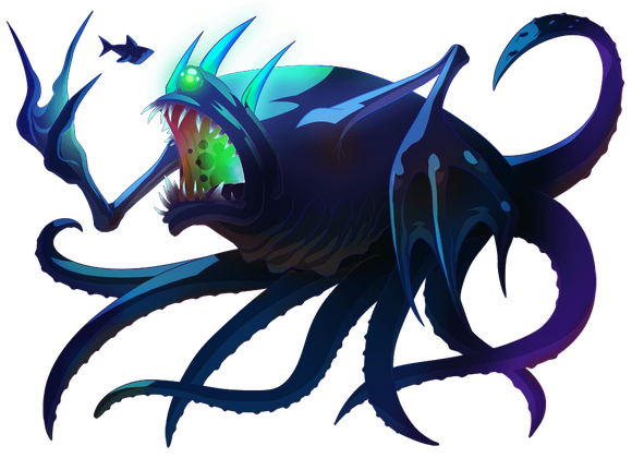 A giant sea monster with eight legs and two arms is about to devour a shark