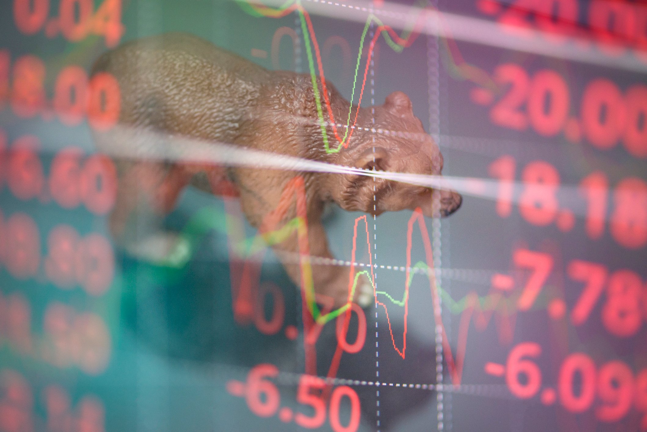 Stock market tickers with a bear walking.