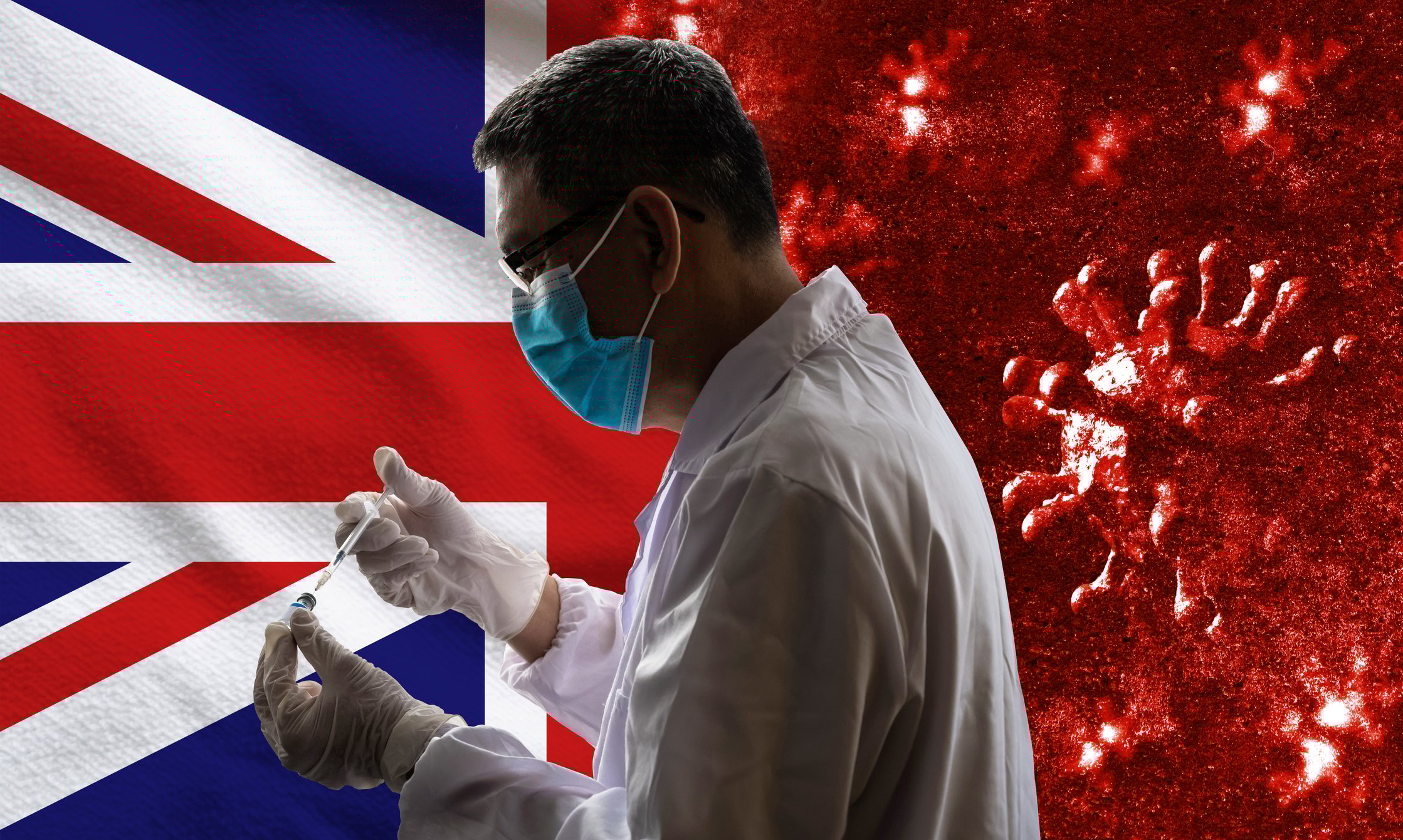 A person wearing a white coat holding a syringe and vaccine vial in front of a U.K. flag and an image of the coronavirus.