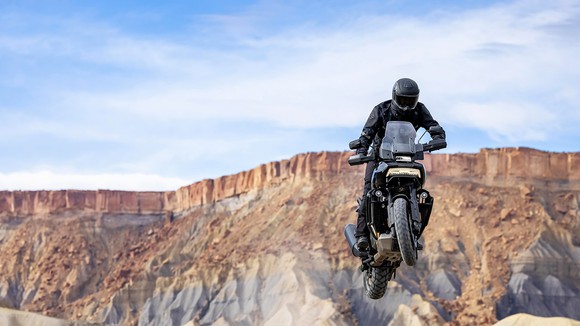 Motorcycle rider on Harley-Davidson Pan American.