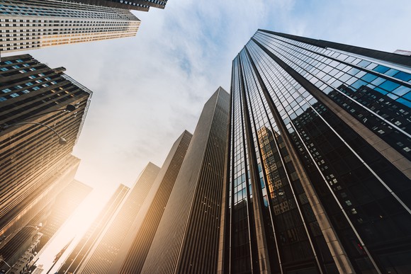 The view from the ground up the side of high-rise buildings made with steel.