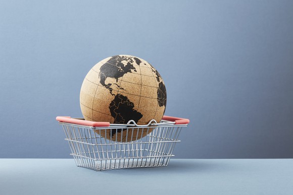 A globe in a shopping basket.