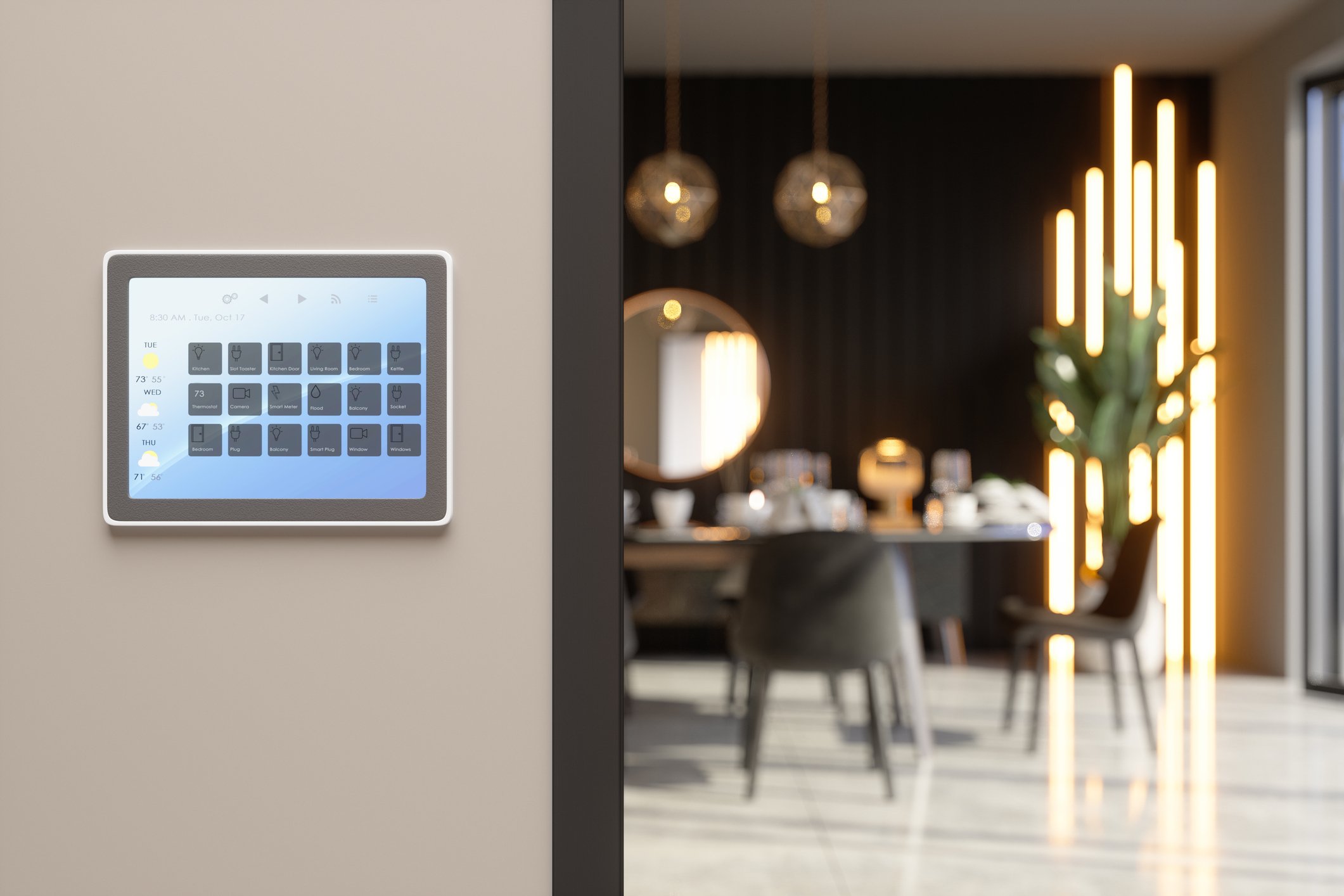 A smart home control panel on a wall in a house.