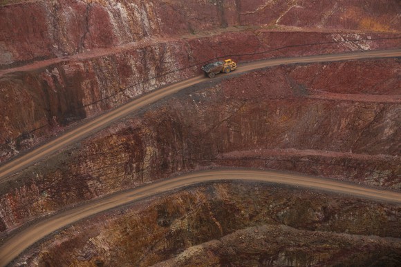 Truck driving in an open-pit copper mine. 