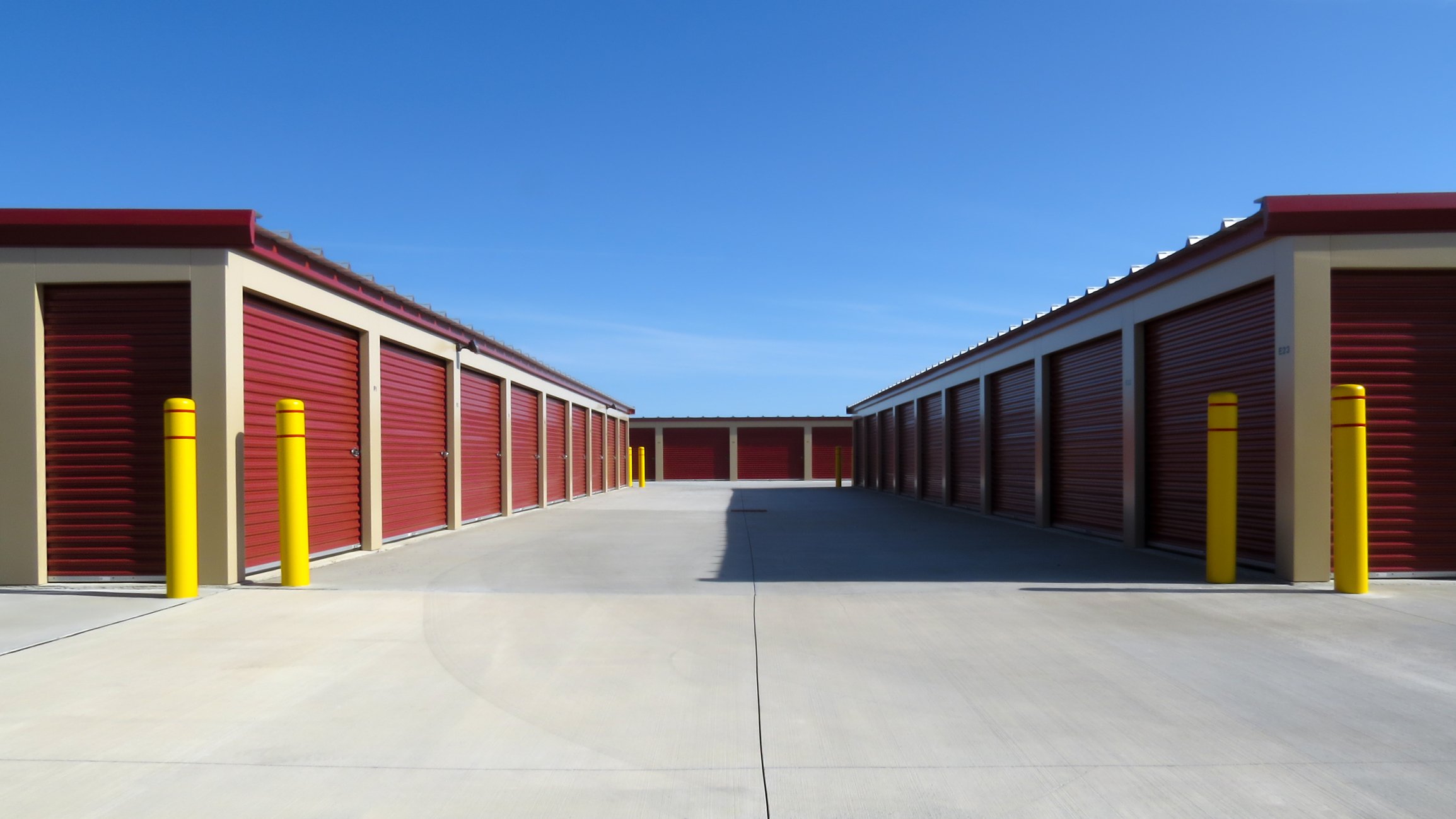 Self-storage facility with closed doors.	