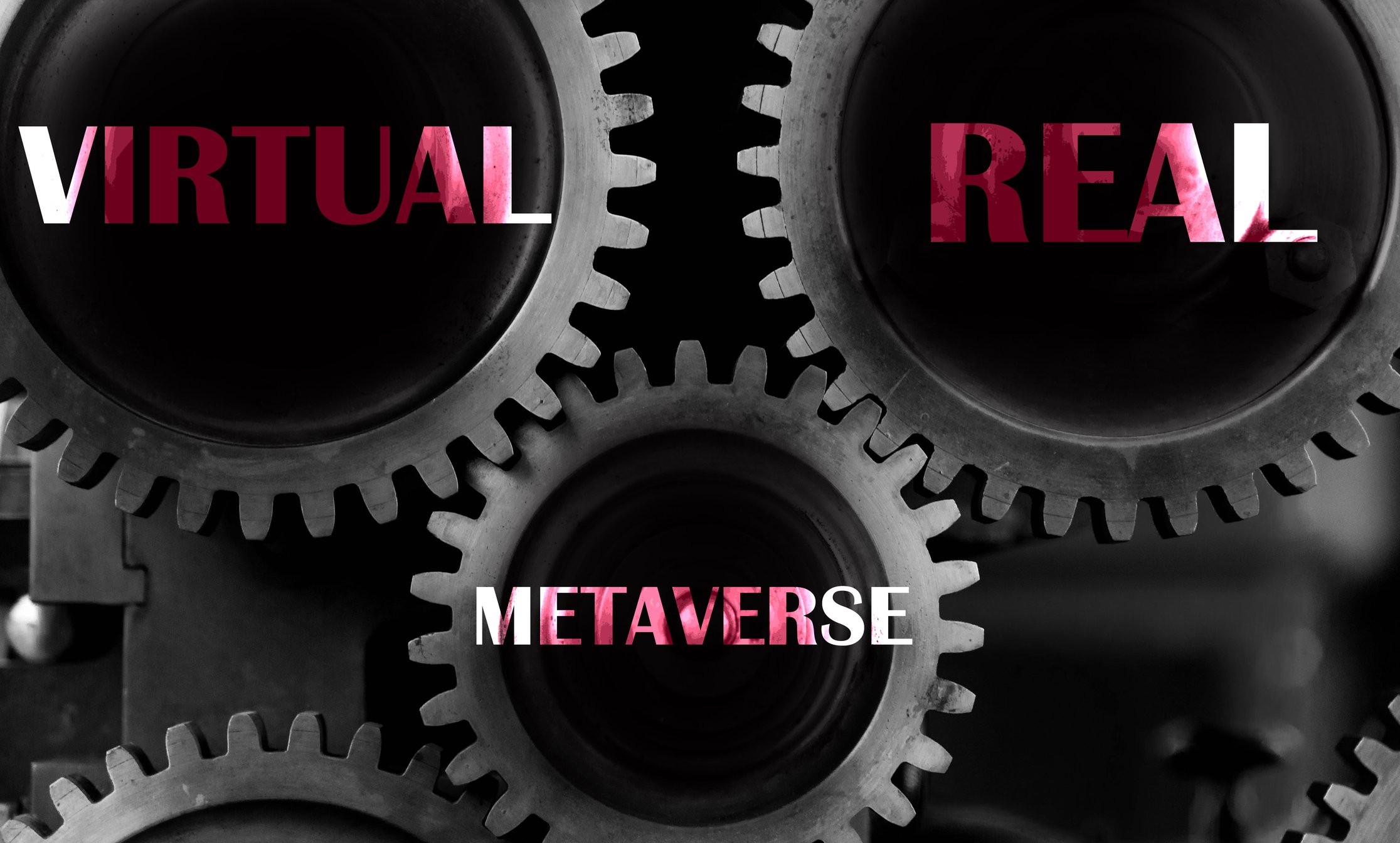Interlocking cogs marked with terms such as Virtual, Real, and Metaverse.