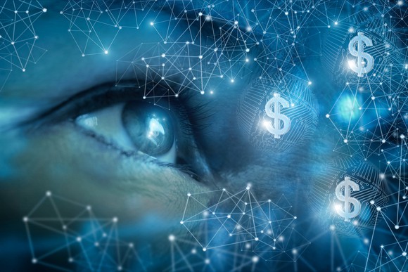 An eye with dollar signs and lit connected nodes.