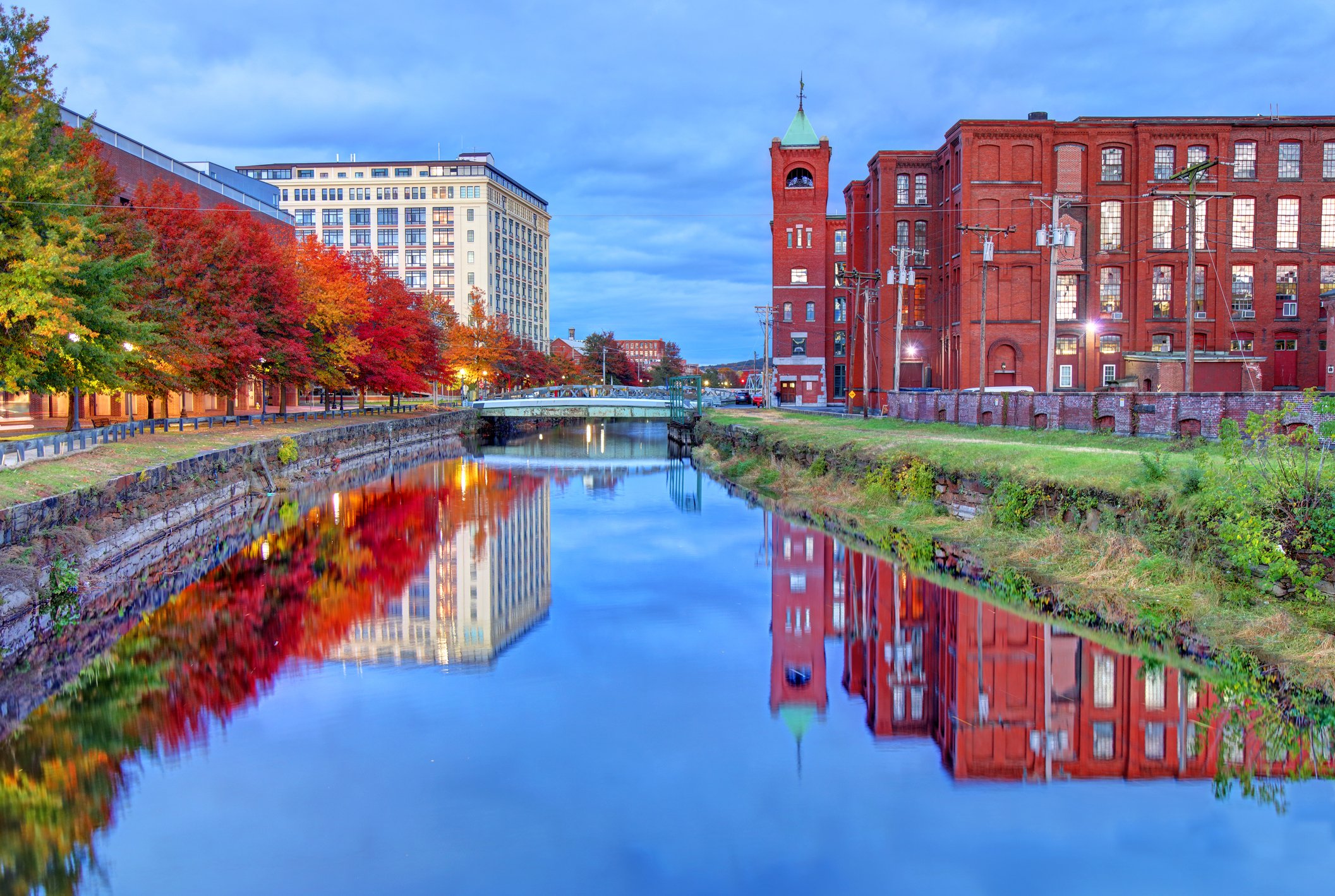 An autumn view of Lawrence, MA on the Merrimack River.