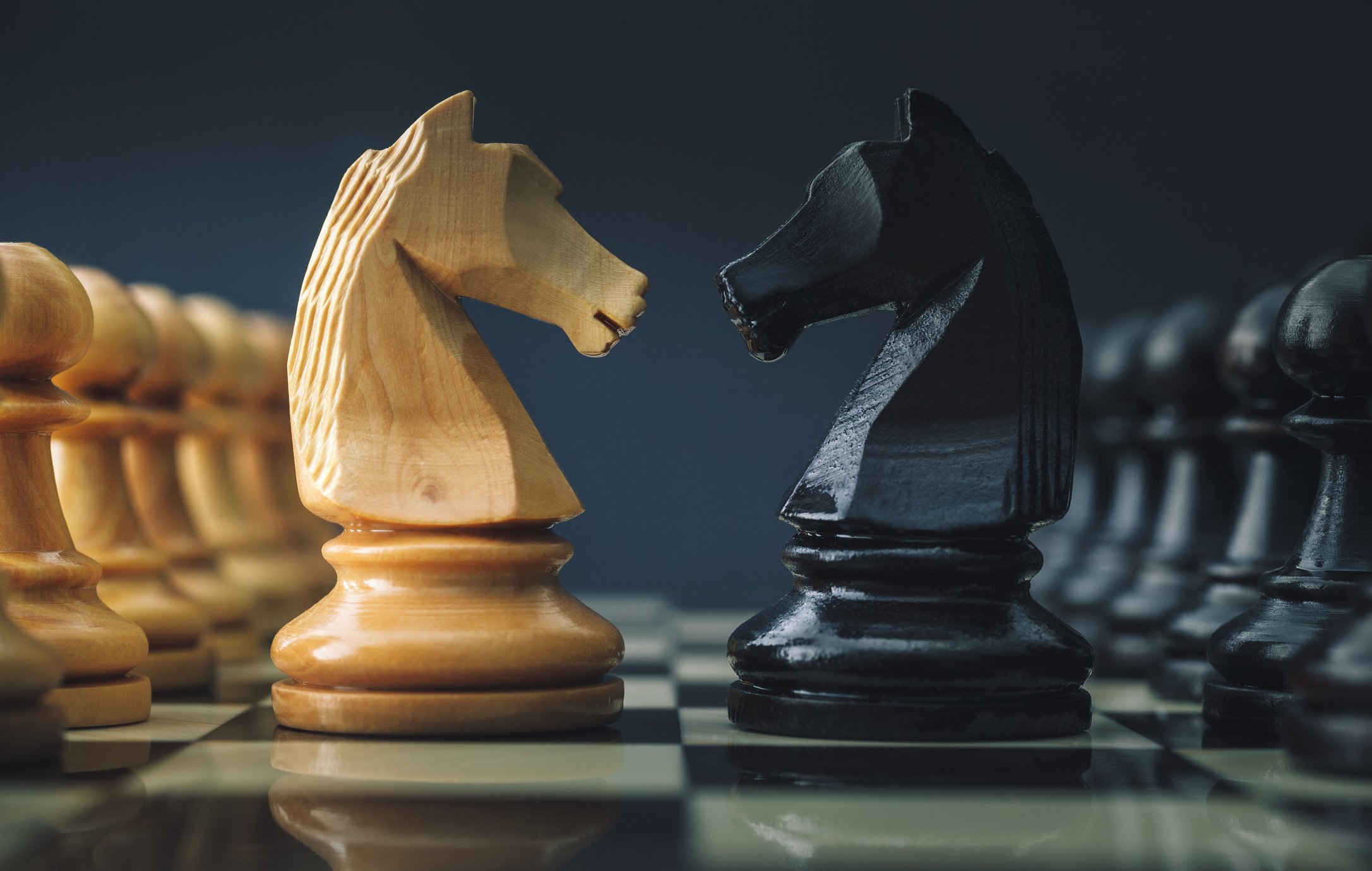 A White and Black Chess knight facing one another.
