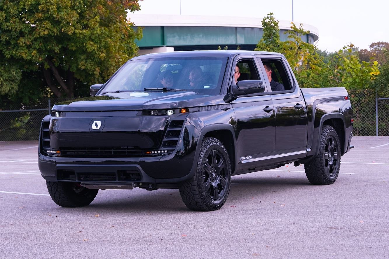 black Lordstown Endurance electric pickup truck. 