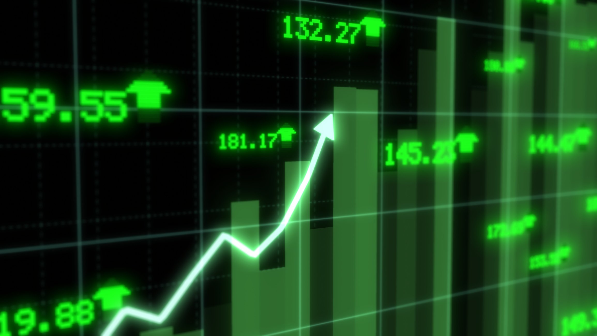 green bar chart and arrow showing rising stock prices. 
