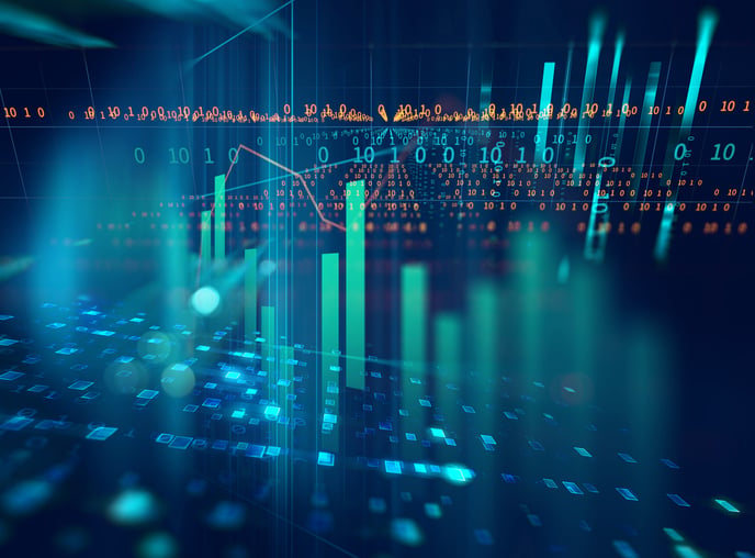 Rising three-dimensional bar graphs amid digital ones and zeroes.
