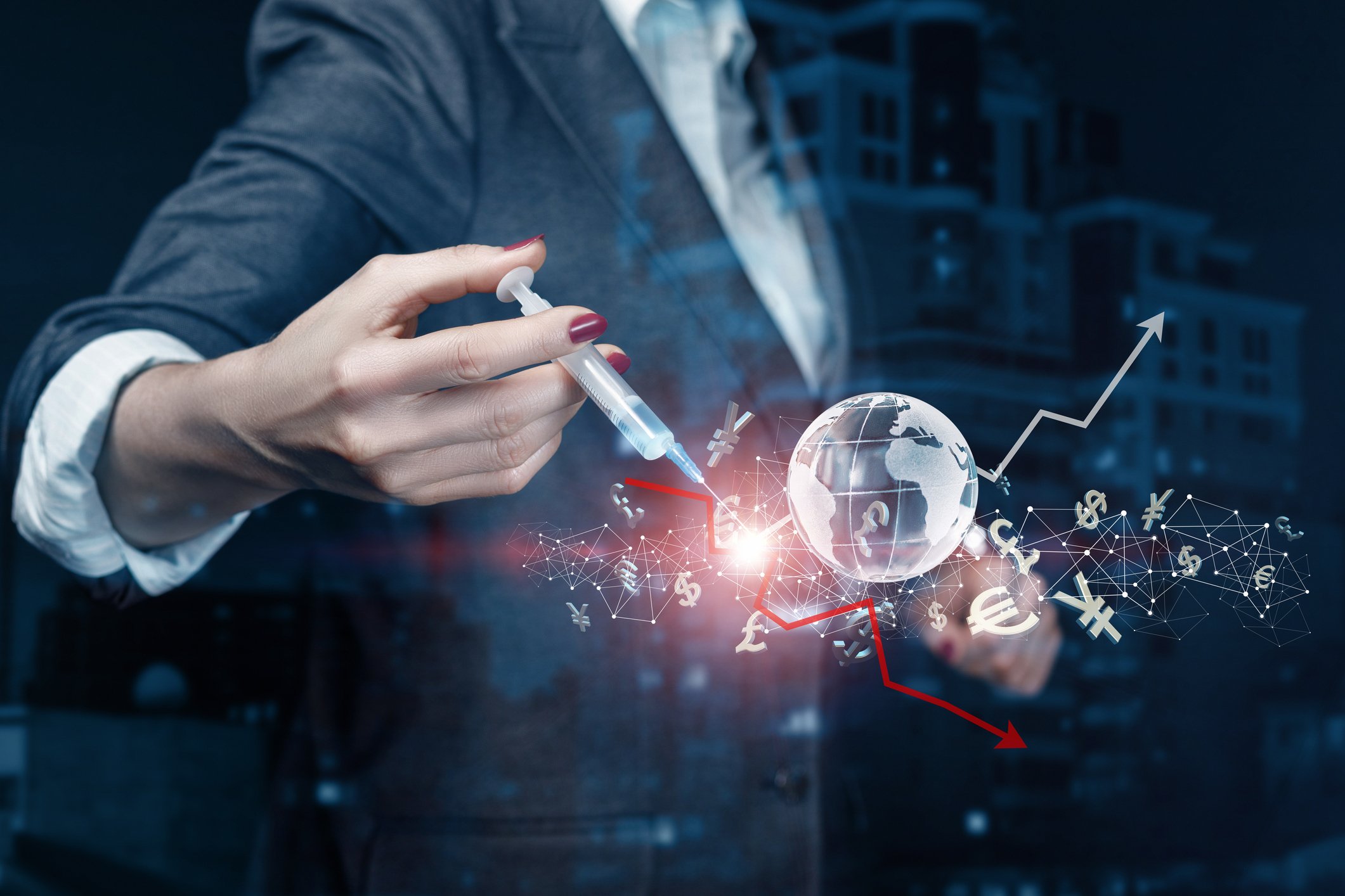 A person with a syringe next to images of a globe, lines with arrows, and currency symbols.