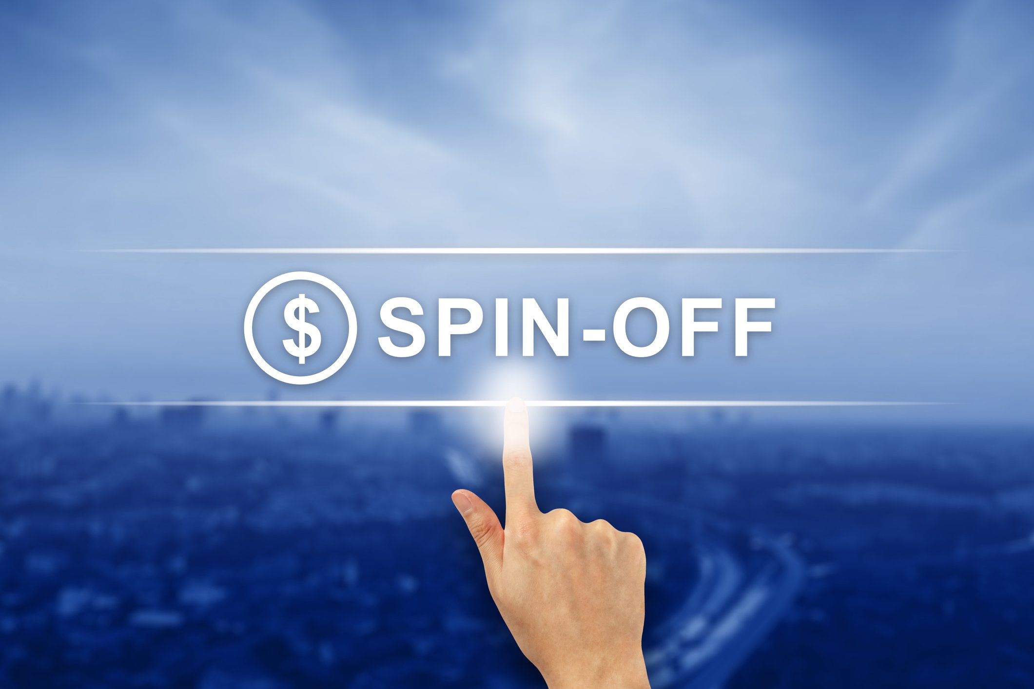 Index finger pointing to the word "spin-off" next to a dollar sign with a city in the background.