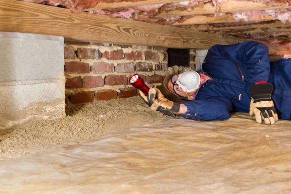 A person inspects a crawl space with a flashlight, wearing protective gear.
