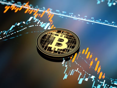 Bitcoin token with stock market crash behind it
