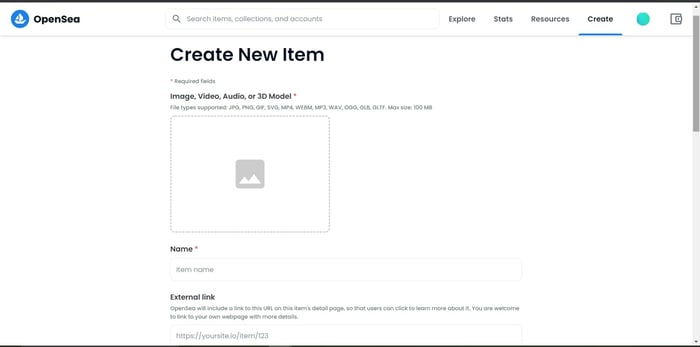 The "Create New Item" page on OpenSea.