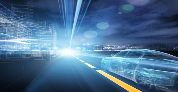 A concept car illustration on an open road. 