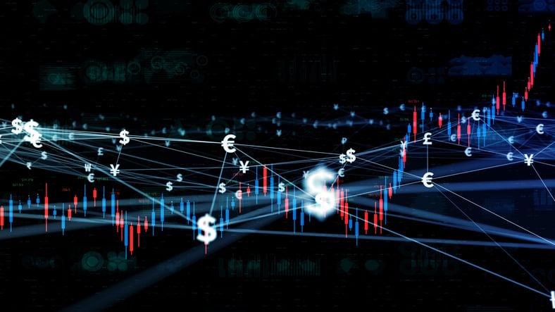 Graph with various currency symbols overlaid on top.