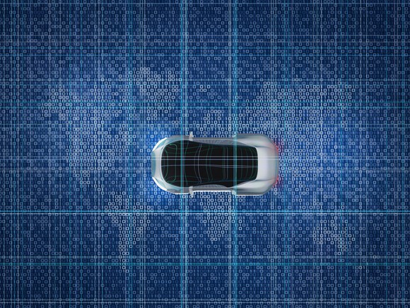 A car overlaid on a digital map of the world. 