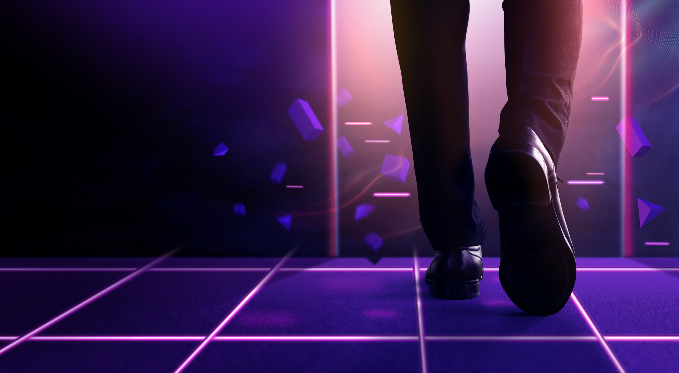 Person stepping into digital world. 