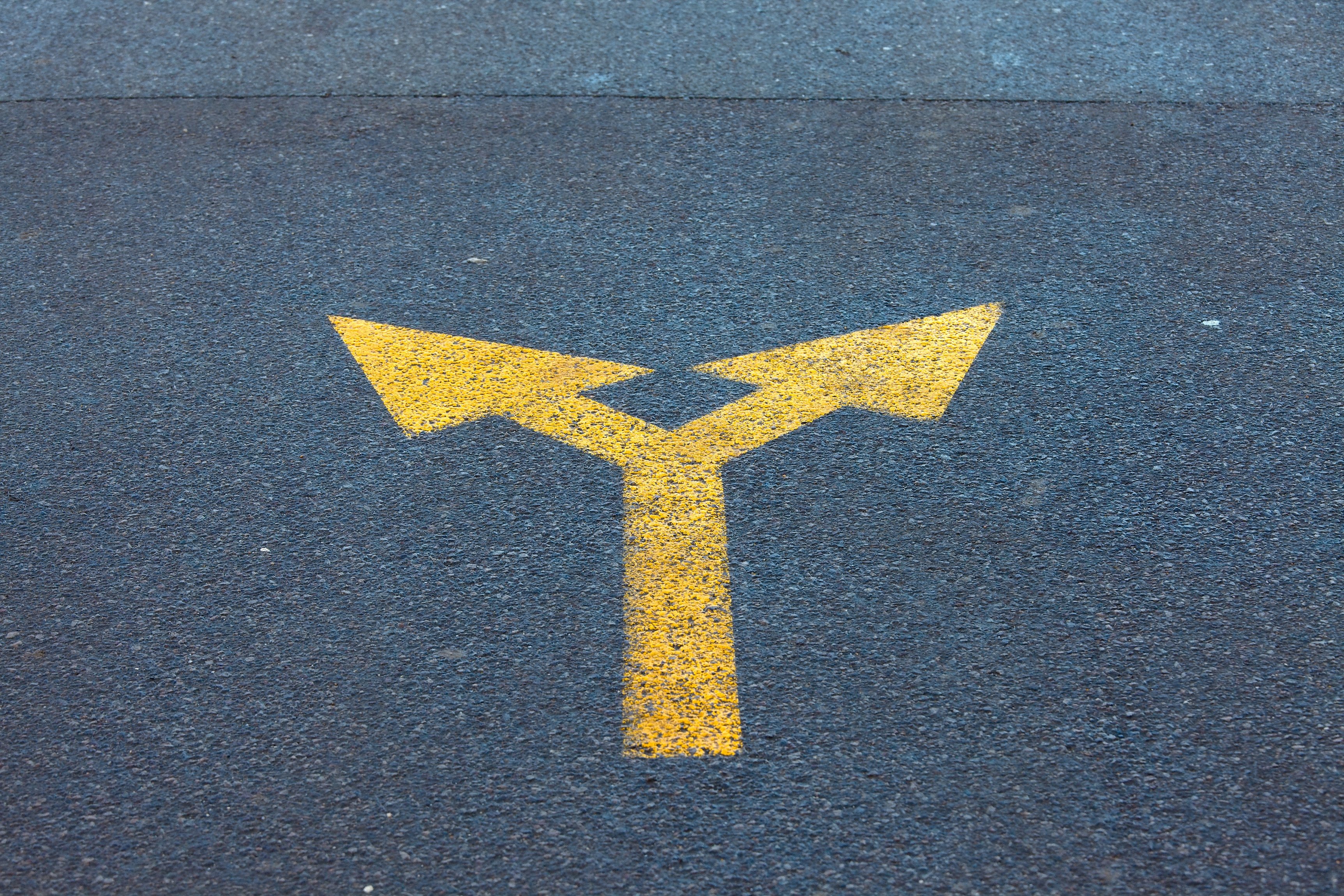 An arrow sign painted on a road diverges in two directions. 