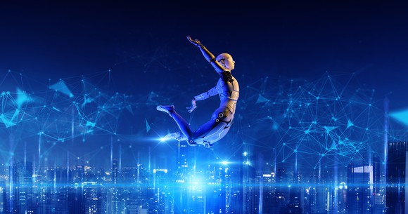 An android leaps across a field of digital connections.