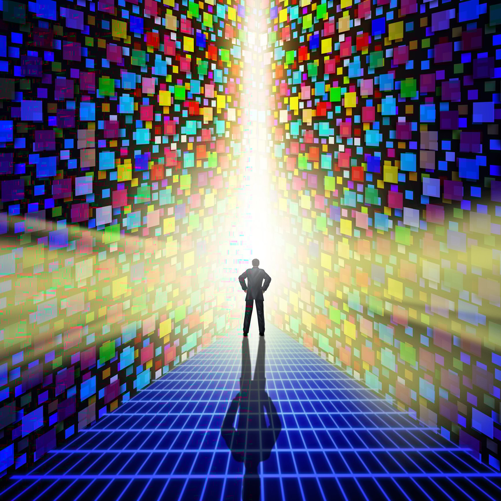 A man stares at a beam of light emitting through mosaic digital walls. 