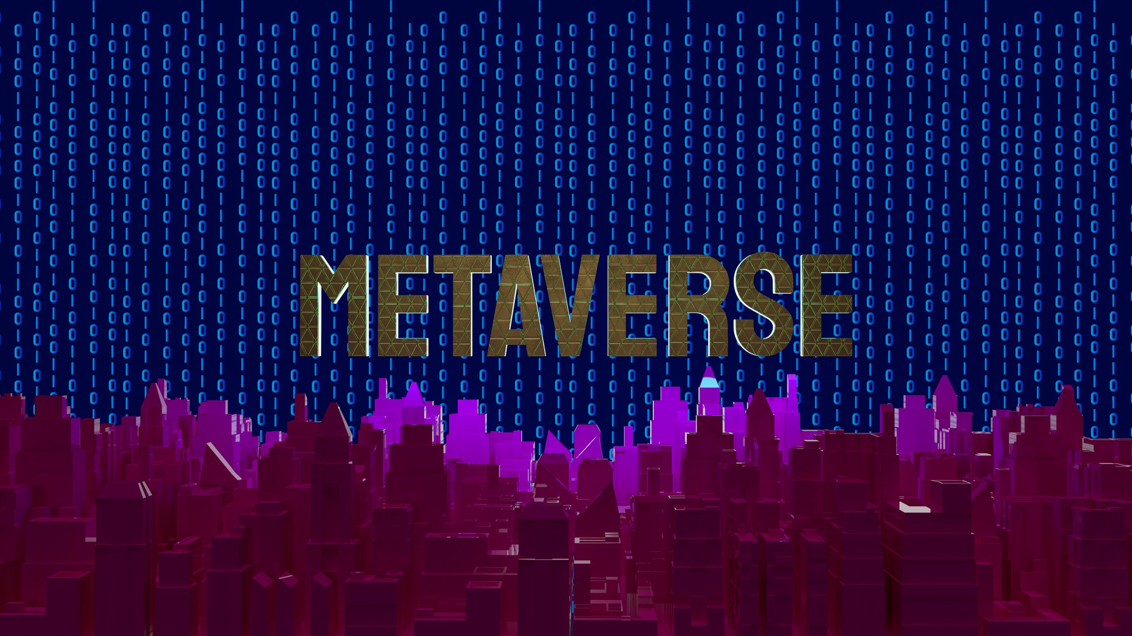 The world metaverse is surrounded by digital buildings and source code. 