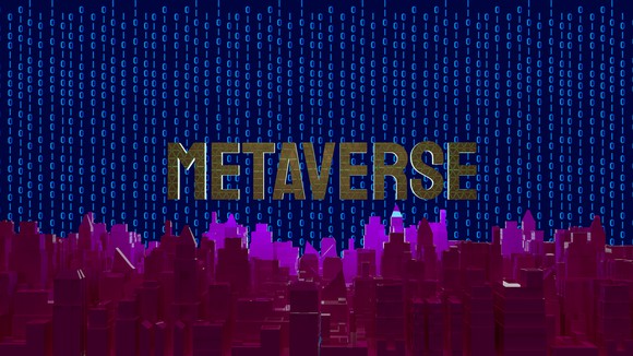The world metaverse is surrounded by digital buildings and source code. 