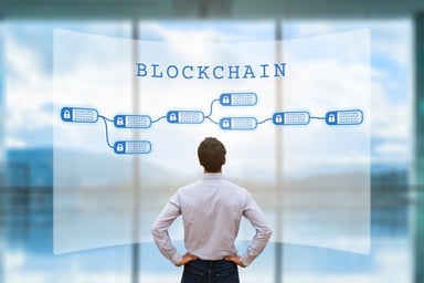 Blockchain with man holding hands on hips