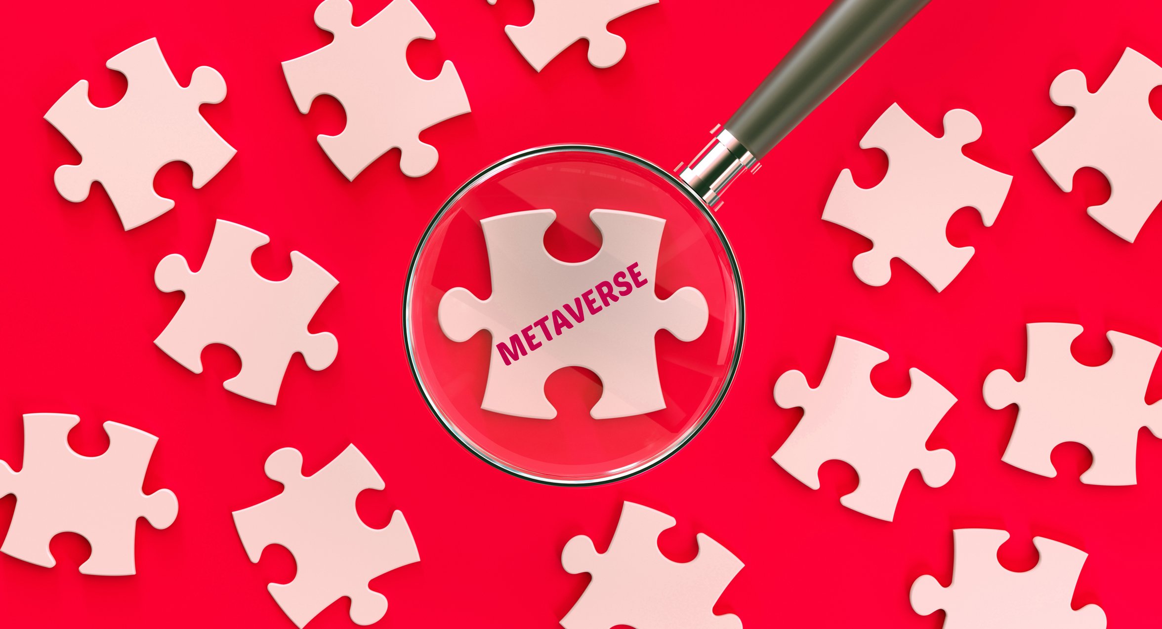 A magnifying glass over a jigsaw puzzle piece with "metaverse" printed on it with other blank jigsaw puzzle pices.