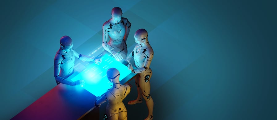 Artificial intelligence robots huddled around a screen.