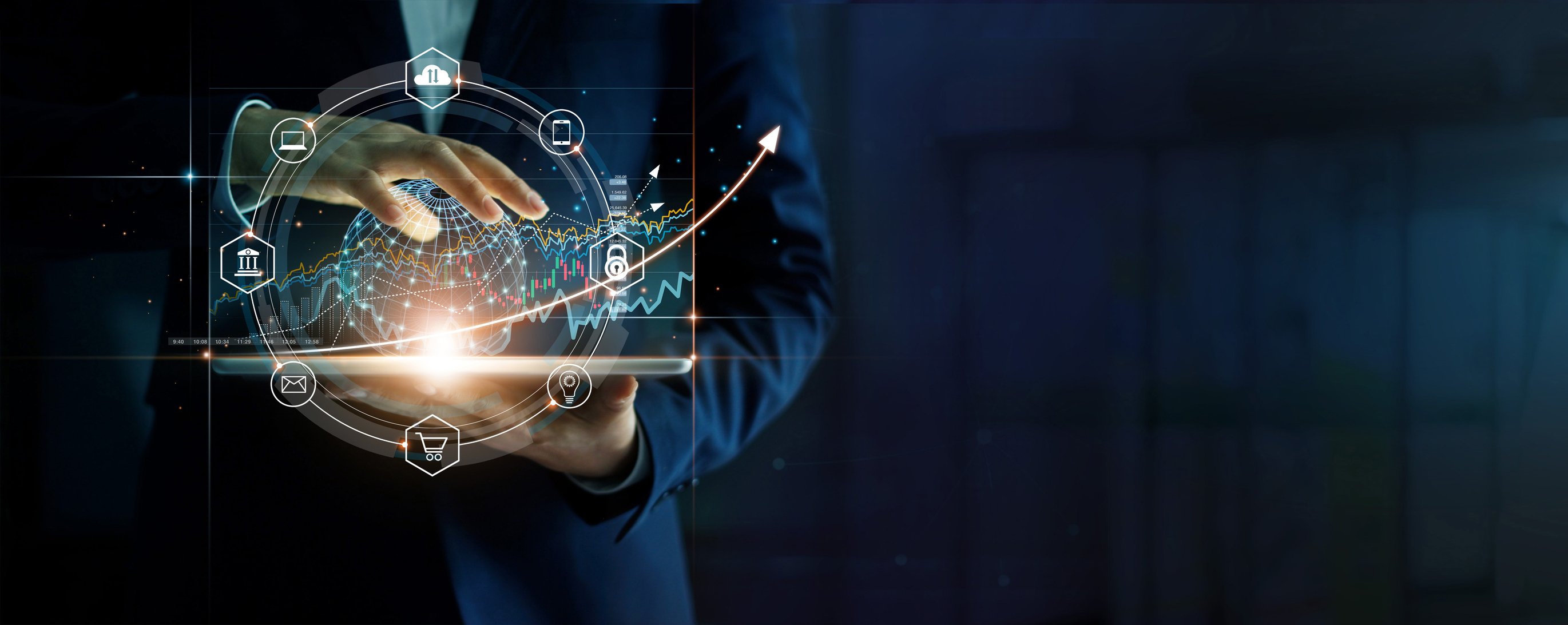 Businessman from neck down holds hand above a flat tablet with upward arrows coming out. 