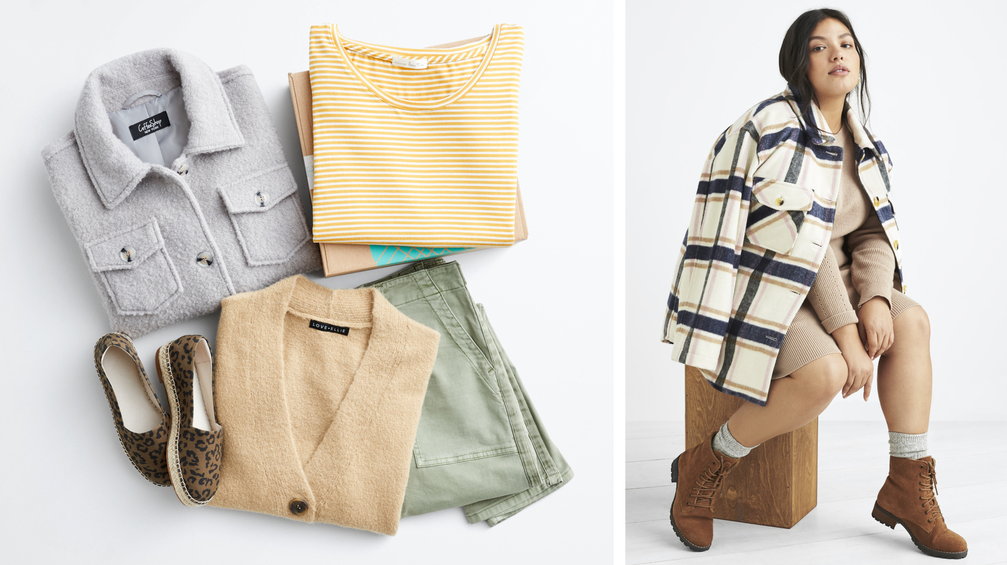 An assortment of women's tops and other apparel items available at Stitch Fix.