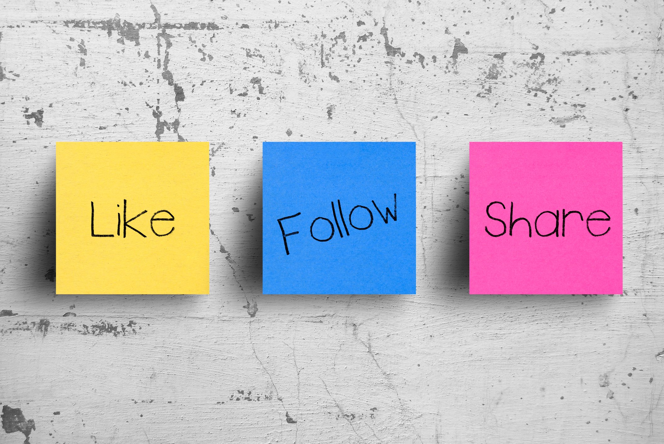 Three sticky notes labeled "like," "follow," and "share."