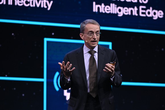 Photo of Intel CEO Pat Gelsinger, speaking at a conference.