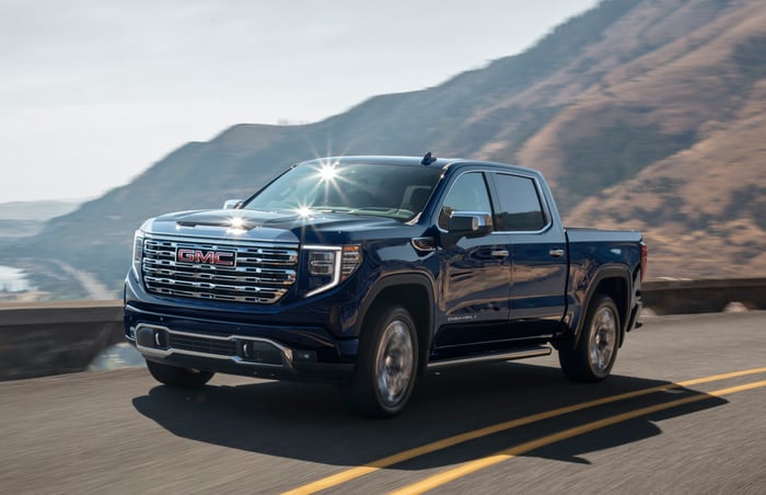 A 2022 GMC Sierra Denali, a full-size luxury pickup truck. 